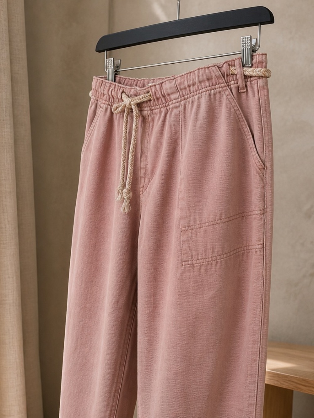 Free People Wide Leg Pants in Dusty Rose with Rope Waist Detail - Picture 6 of 9